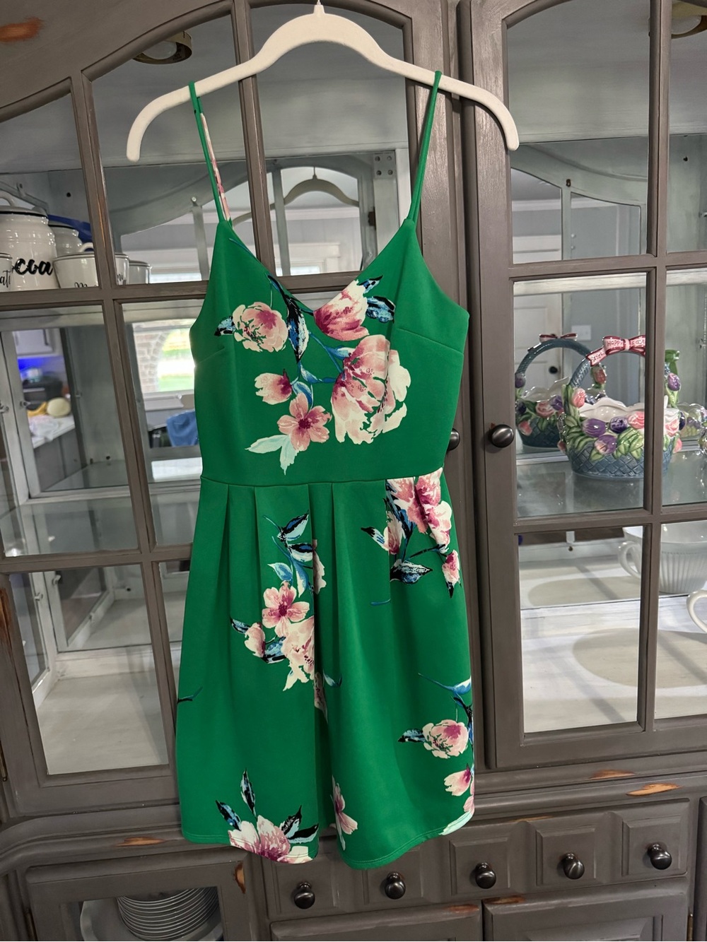Monteau Green Floral Pull On Dress with Pink Floral Accents size Medium